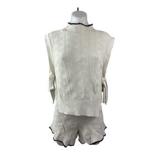 Alohas Women's Beige Knit Sleeveless Mock Neck Tie Shorts 2 Piece Set Size S/XS